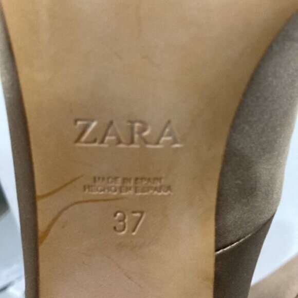 Zara Tan Satin Pumps Block Heels 37 - Picture 12 of 14